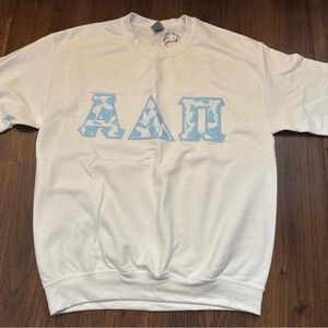 Gildan White Sweatshirt with Light Blue Greek Letters